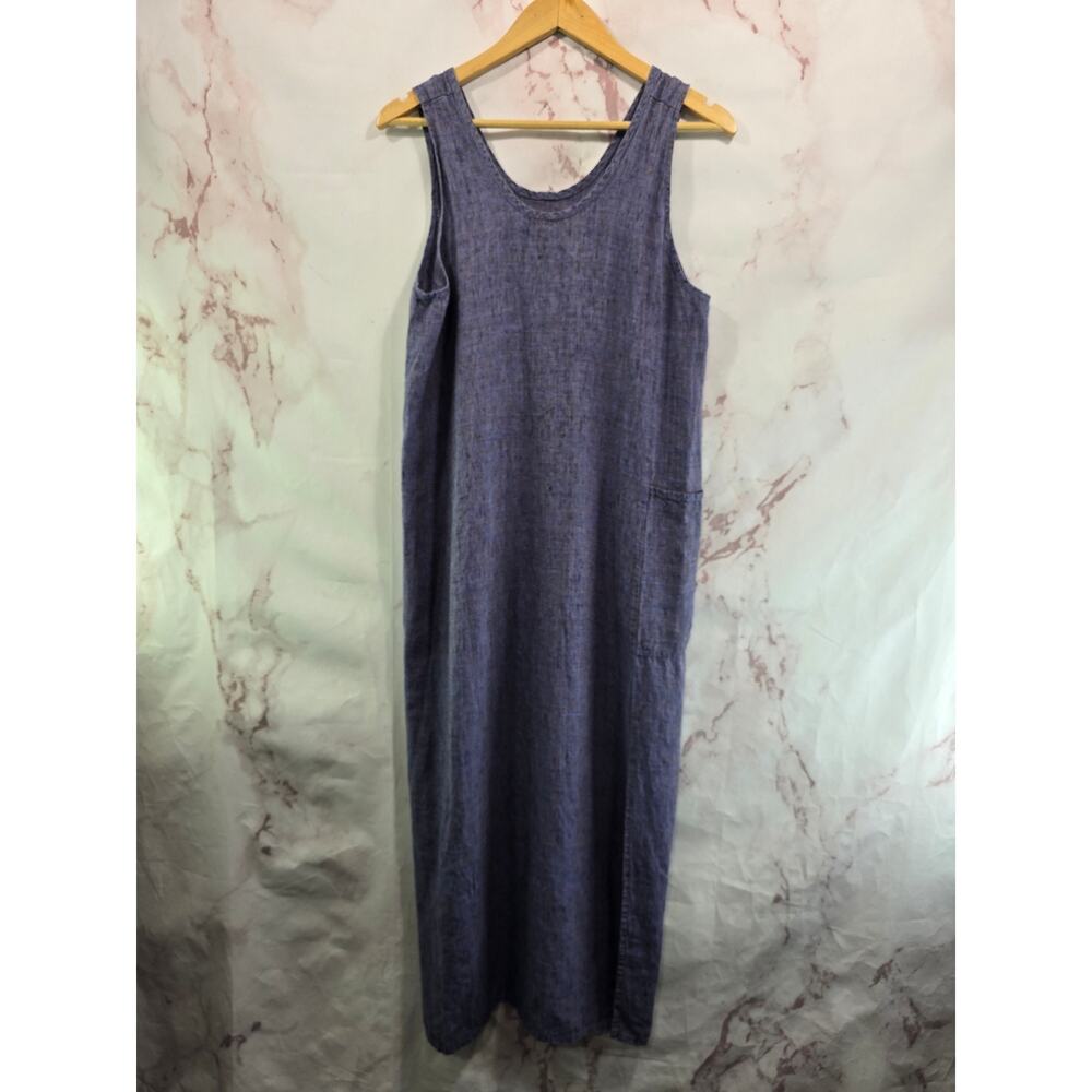 Flax Dress Womens Medium Purple Linen Tank Shift Pocket 90s Slit Midi Maxi 100%
